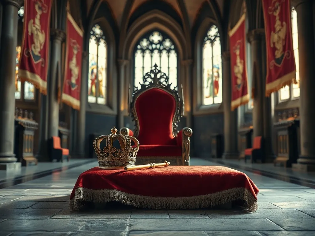 Pusty królewski tron z koroną i berłem w gotyckiej sali zamkowej, symbol koronacji i panowania Przemysła II.