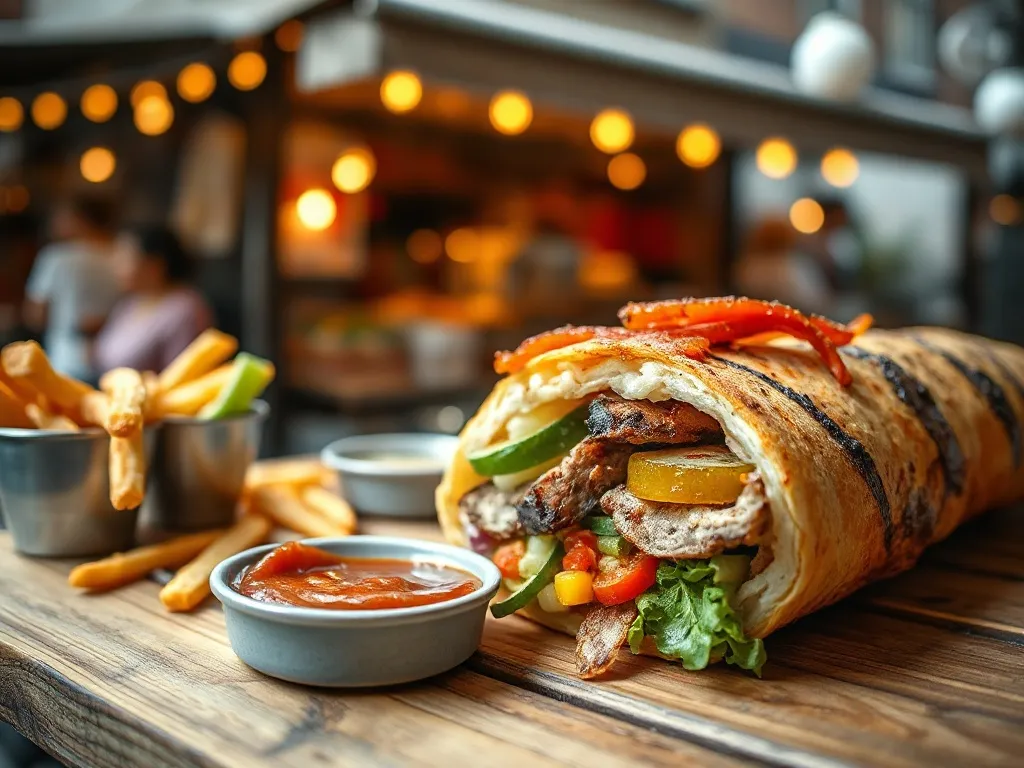 Soczysty kebab z mięsem i warzywami na drewnianym stole, z sosem i frytkami, w tle przytulny lokal street food.