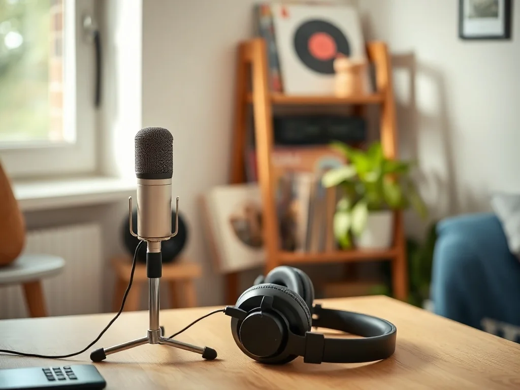 Przytulny kącik muzyczny z mikrofonem i słuchawkami, tworzący intymny klimat pracy nad muzyką Mezo.