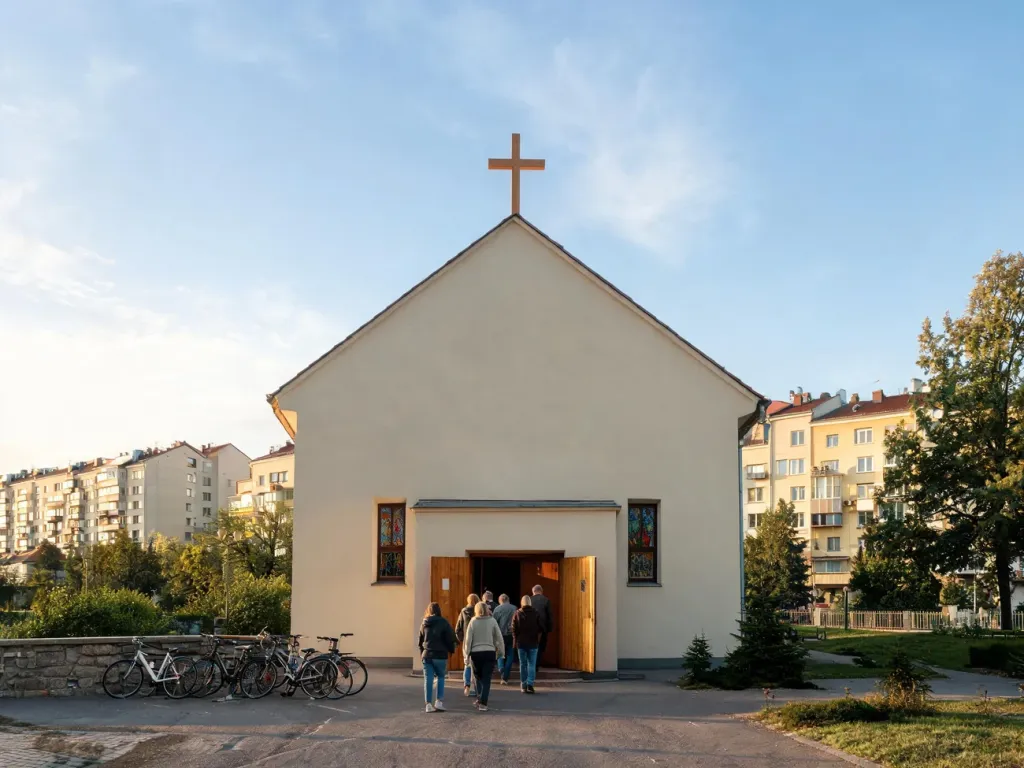 Wejście do jasnego kościoła św. Moniki w Poznaniu, wierni wchodzą na mszę, spokojne osiedle i drzewa w tle.