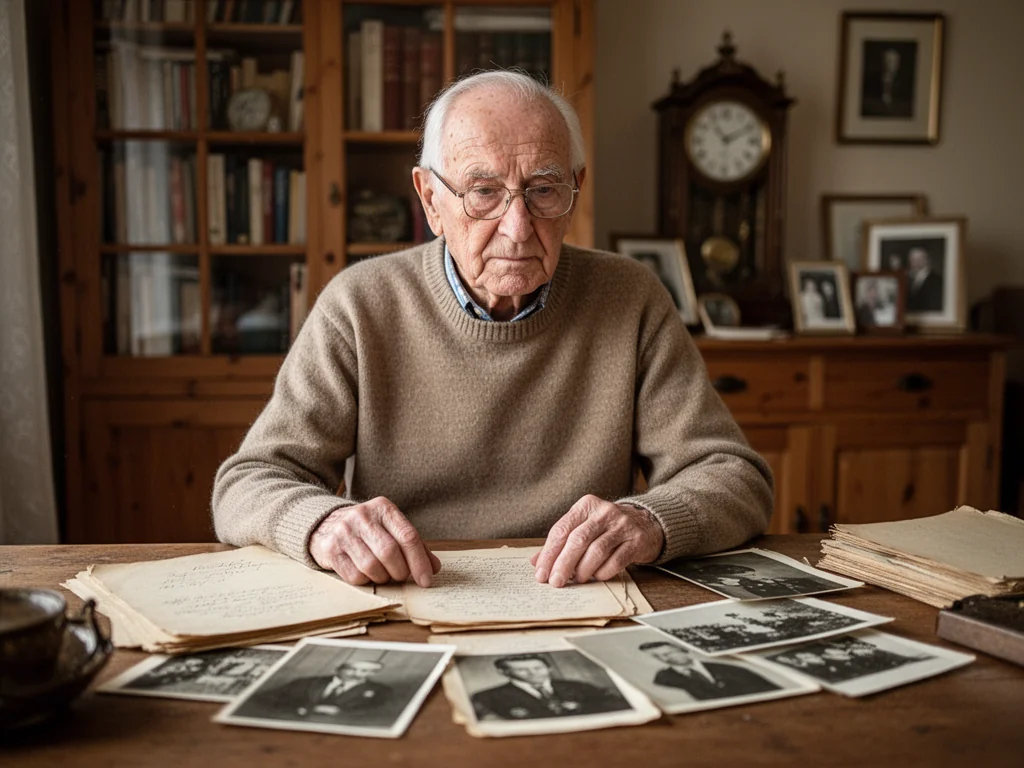 Starszy Stanisław Afenda przy biurku, przegląda stare dokumenty i fotografie, otoczony książkami i pamiątkami z przeszłości.