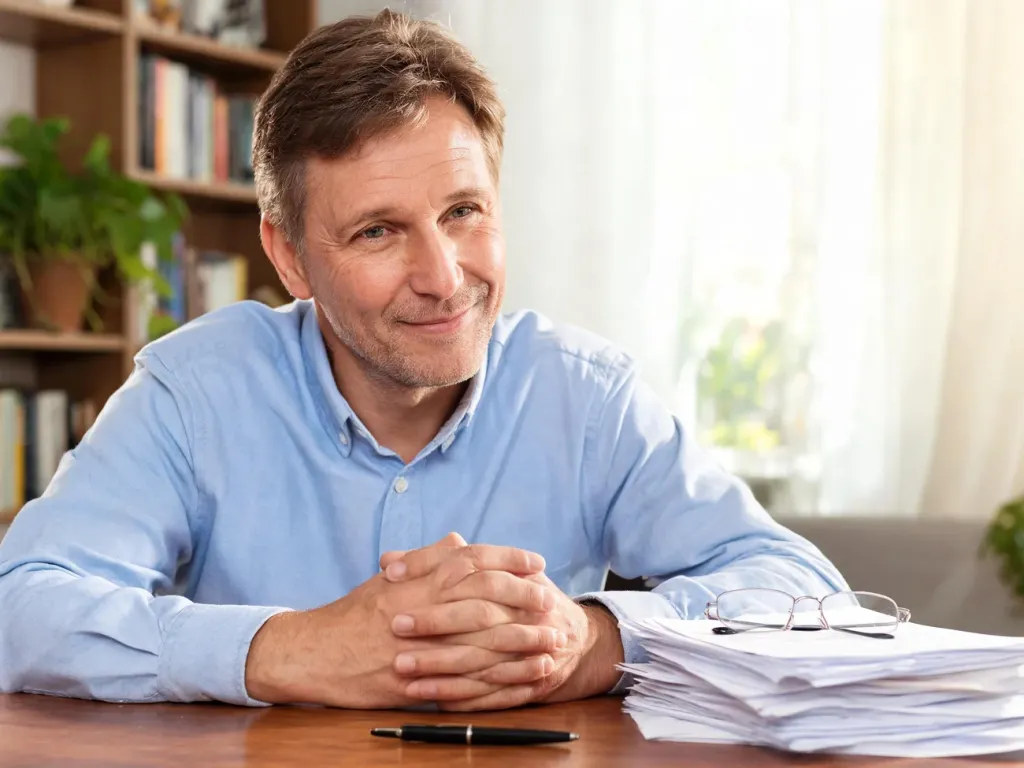 Ryszard Blaszka przy biurku w domowym gabinecie, z życzliwym, zamyślonym uśmiechem, w otoczeniu dokumentów i książek.