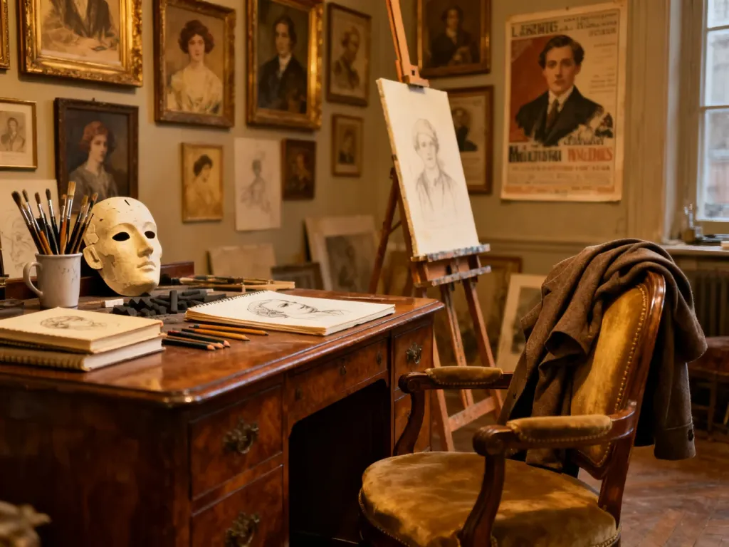 Przytulna pracownia artysty z początku XX wieku, biurko z maską portretową i ściany pełne obrazów w nostalgicznej atmosferze.