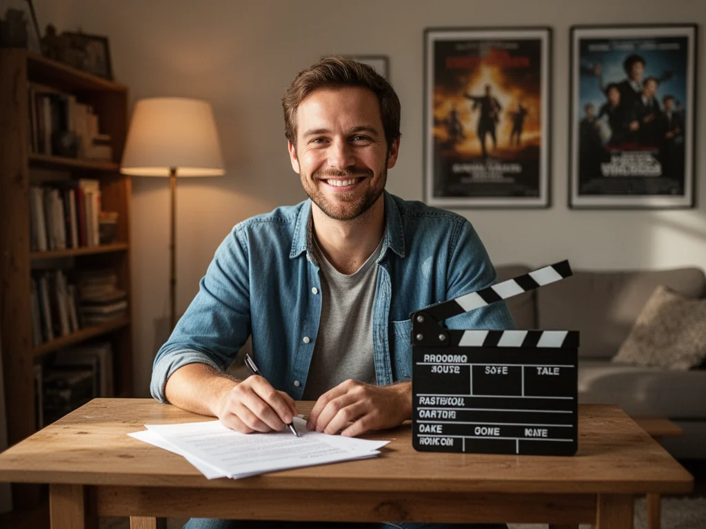 Uśmiechnięty Tomasz Bajer przy stole z scenariuszem i klapsem filmowym, w przytulnym pokoju z plakatami filmowymi w tle.