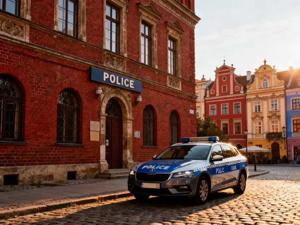 Zabytkowy budynek komisariatu policji na Starym Mieście w Poznaniu z radiowozem zaparkowanym na brukowanej ulicy.