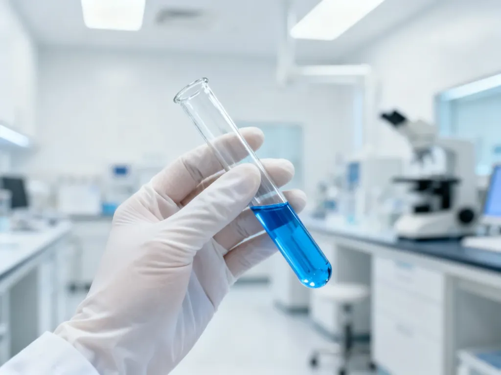 Pracownik laboratorium w białych rękawiczkach trzyma probówkę z próbką w nowoczesnym, sterylnym wnętrzu szpitalnym.