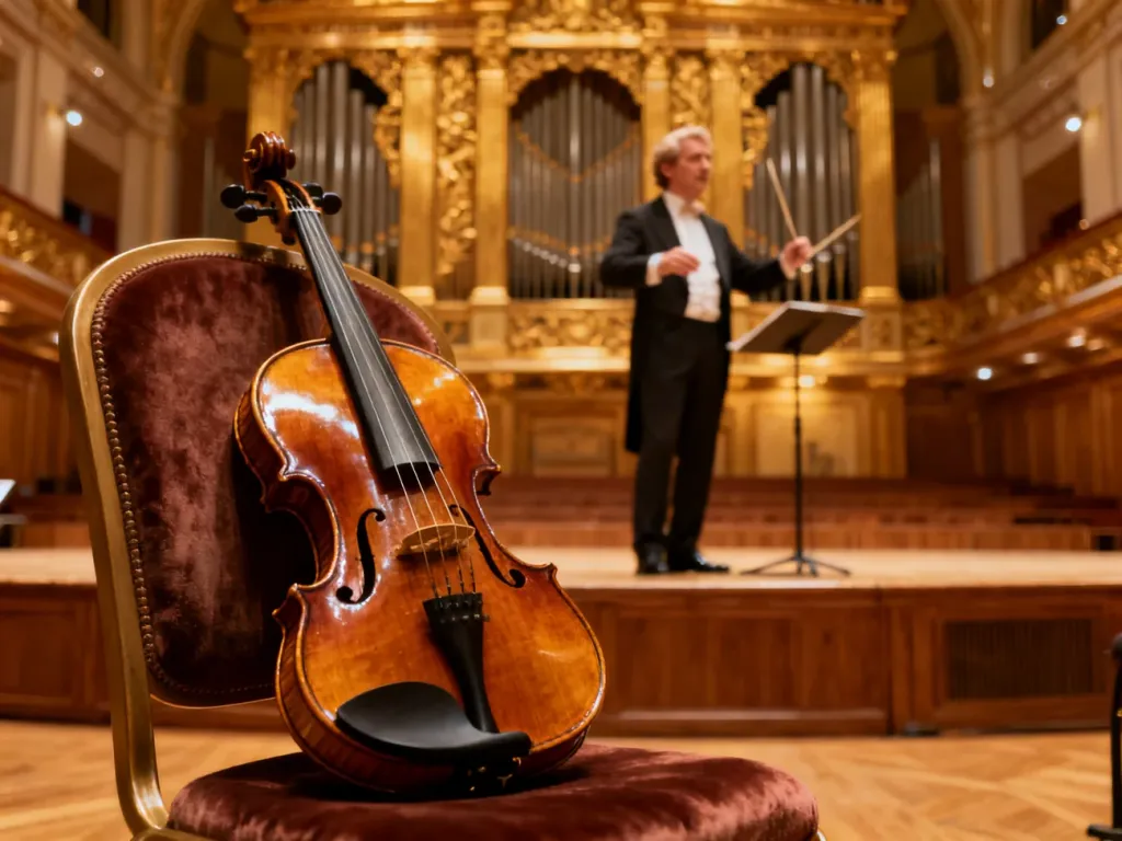 Skrzypce na aksamitnym krześle na tle dyrygenta i zabytkowych organów w sali koncertowej Filharmonii Poznańskiej.