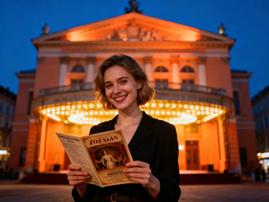 Uśmiechnięta kobieta z programem teatralnym na tle zabytkowej fasady budynku Estrady Poznańskiej w wieczornej scenerii.