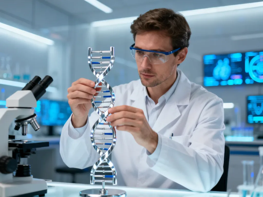 Naukowiec w laboratorium analizujący model helisy DNA, co symbolizuje zaawansowane badania genetyczne w instytucie.