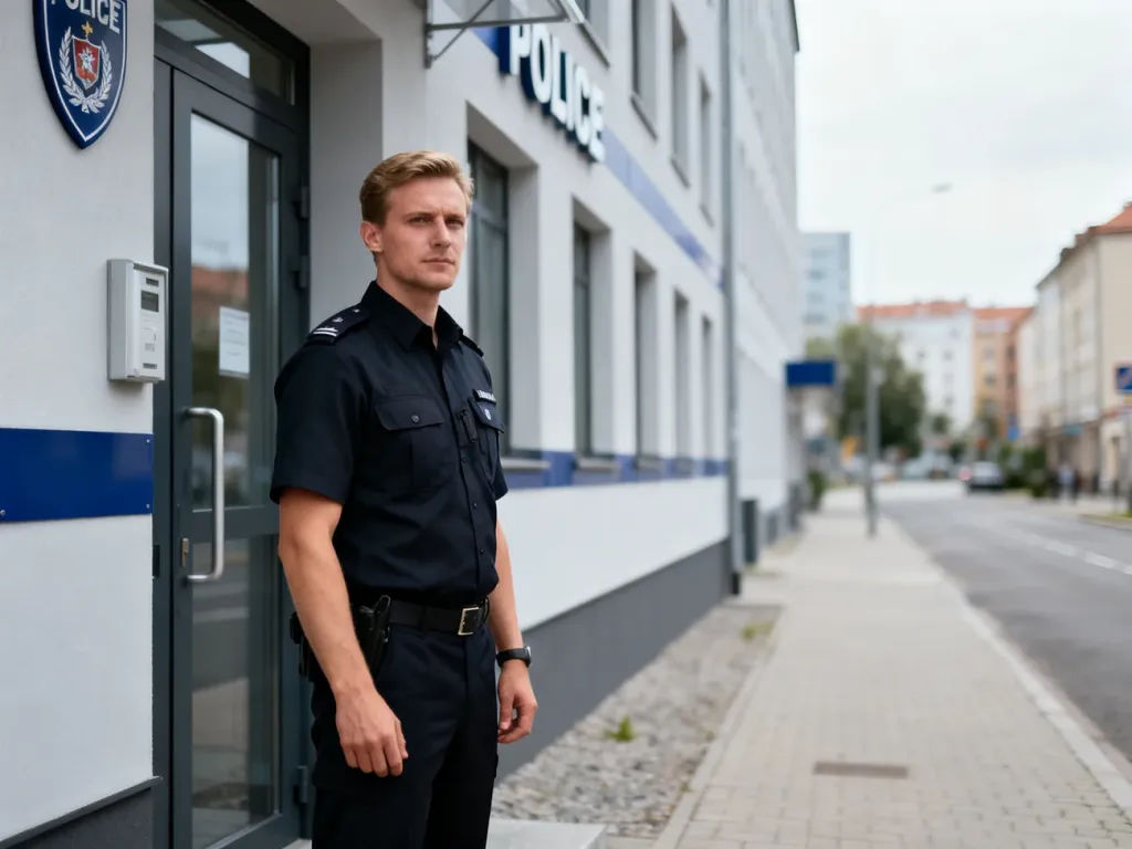 Budynek Komendy Miejskiej Policji w Poznaniu z funkcjonariuszem stojącym przed wejściem.