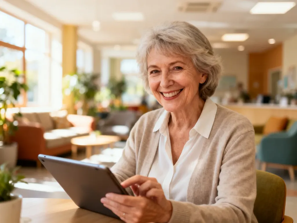 Uśmiechnięta seniorka korzystająca z tabletu w jasnym, nowoczesnym wnętrzu Centrum Inicjatyw Senioralnych.