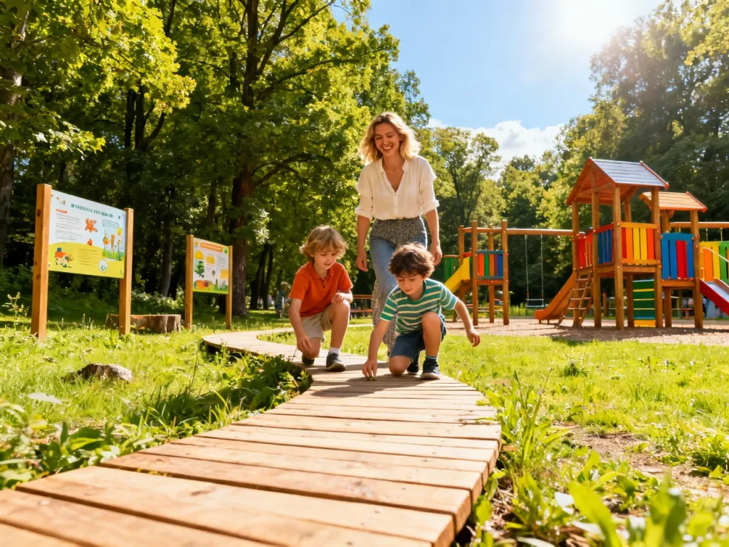 Rodzina spaceruje po drewnianej ścieżce edukacyjnej w otoczeniu zieleni i placu zabaw w Parku Przygód Górecznik.