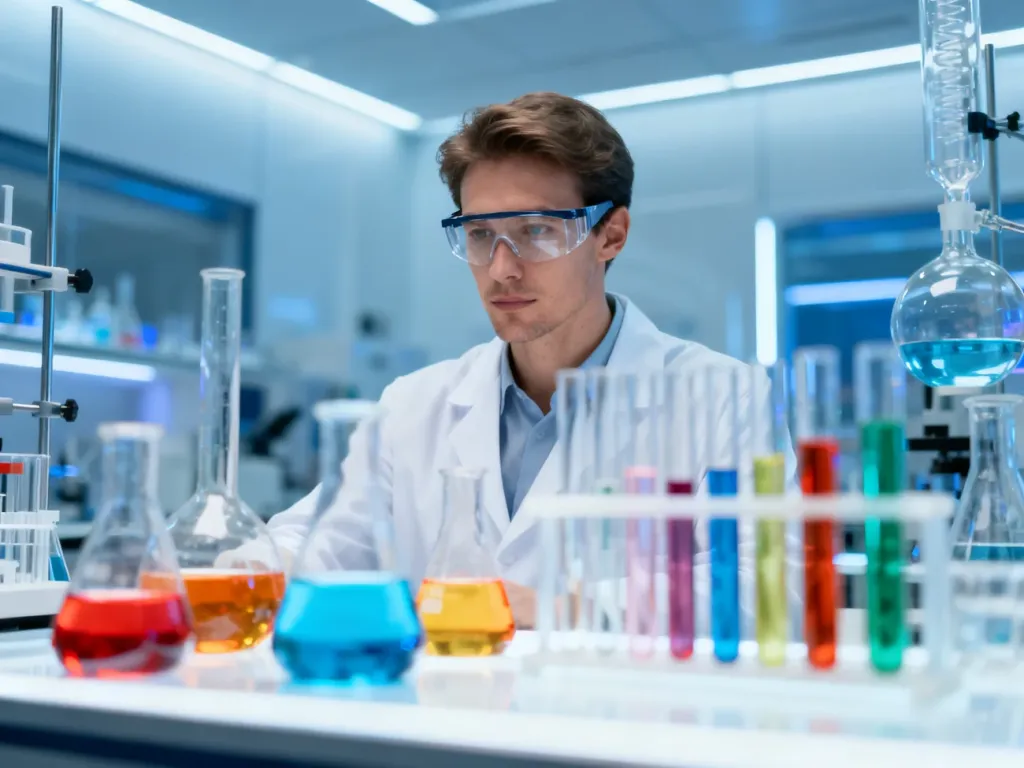 Nowoczesne laboratorium chemiczne z probówkami i naukowcem w tle, ilustrujące zaawansowane badania w instytucie.