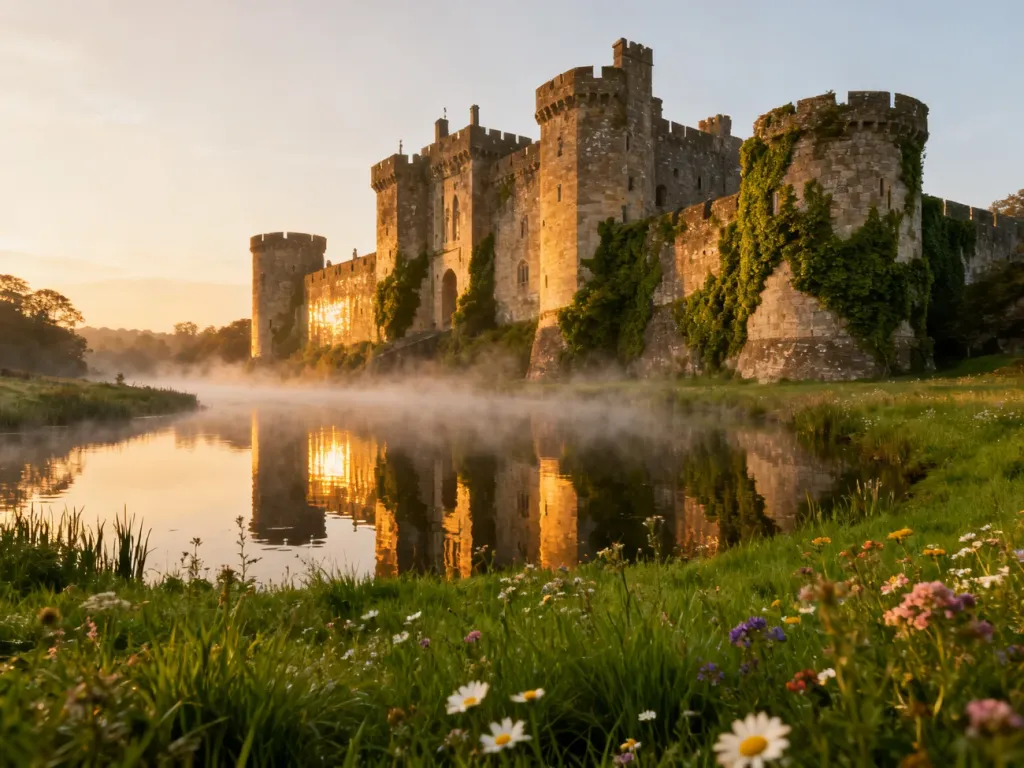Zamek na wodzie w Wojnowicach o zachodzie słońca, otoczony fosą z kwitnącymi kwiatami na pierwszym planie.