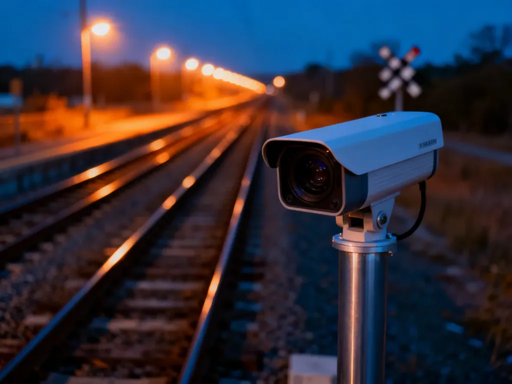 Nowoczesna kamera monitoringu zamontowana przy przejeździe kolejowym o zmierzchu, rejestrująca ruch na torach.