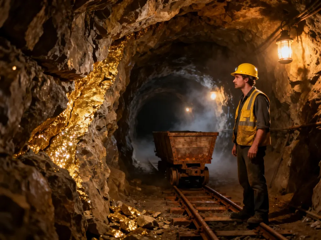 Turysta w kasku ogląda złotą żyłę w zabytkowej kopalni w Złotym Stoku. W tle widoczny wagonik na torach w oświetlonym tunelu.
