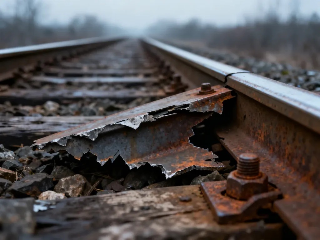 Uszkodzony fragment szyny kolejowej z widocznymi śladami korozji i wyrwą w metalowej konstrukcji torowiska.