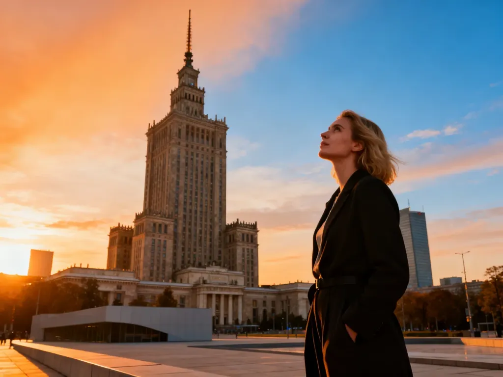 Kobieta podziwiająca Pałac Kultury i Nauki w Warszawie podczas zachodu słońca.