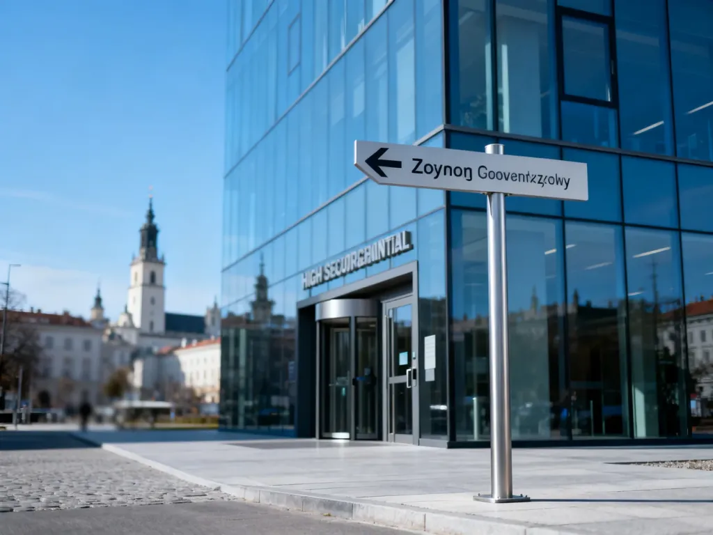 Nowoczesny budynek biurowy z drogowskazem prowadzącym do siedziby Agencji Bezpieczeństwa Wewnętrznego w Poznaniu.