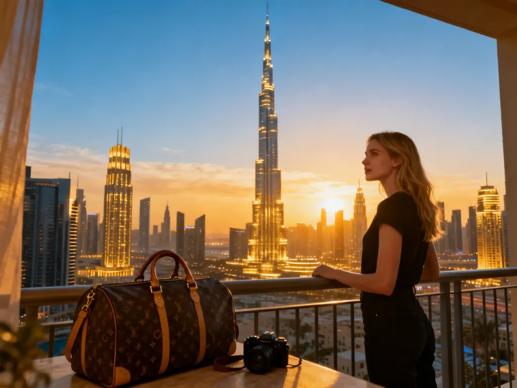 Kobieta na balkonie z widokiem na panoramę Dubaju i Burj Khalifa o zachodzie słońca, symbolizująca luksusowe wakacje.