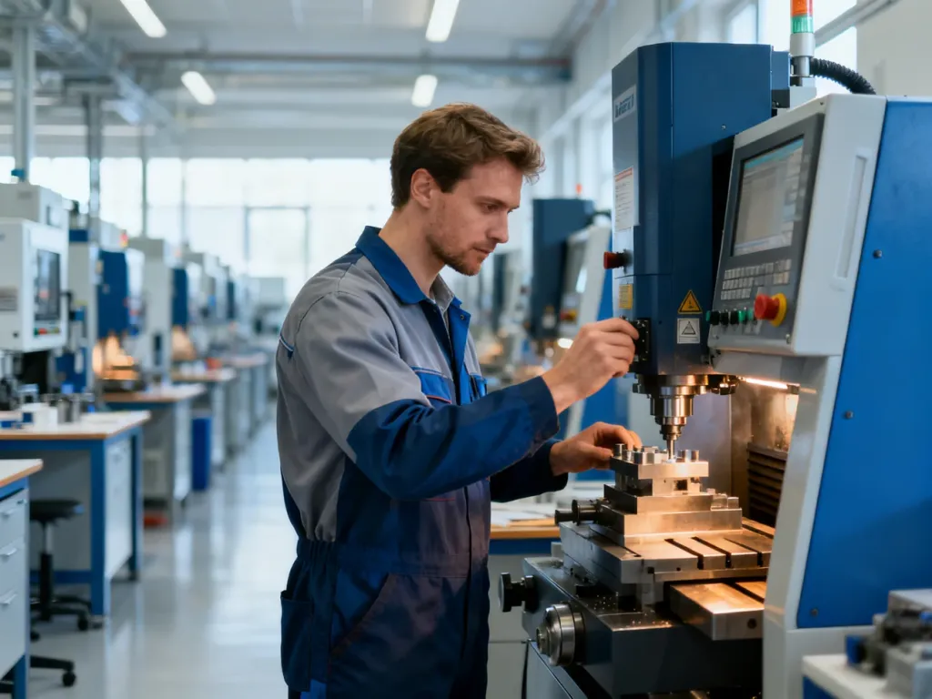 Pracownik obsługujący nowoczesną maszynę CNC w profesjonalnym laboratorium technicznym Centrum Kształcenia Praktycznego.