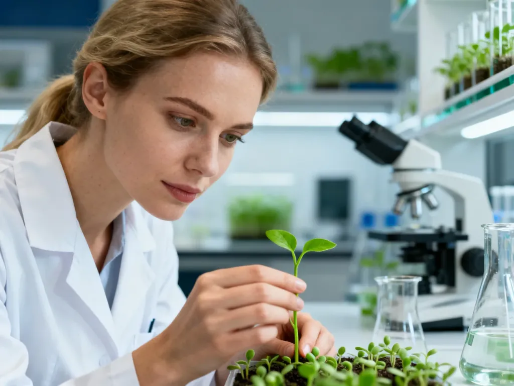 Naukowczyni w białym fartuchu bada zieloną sadzonkę w nowoczesnym laboratorium Instytutu Genetyki Roślin PAN.
