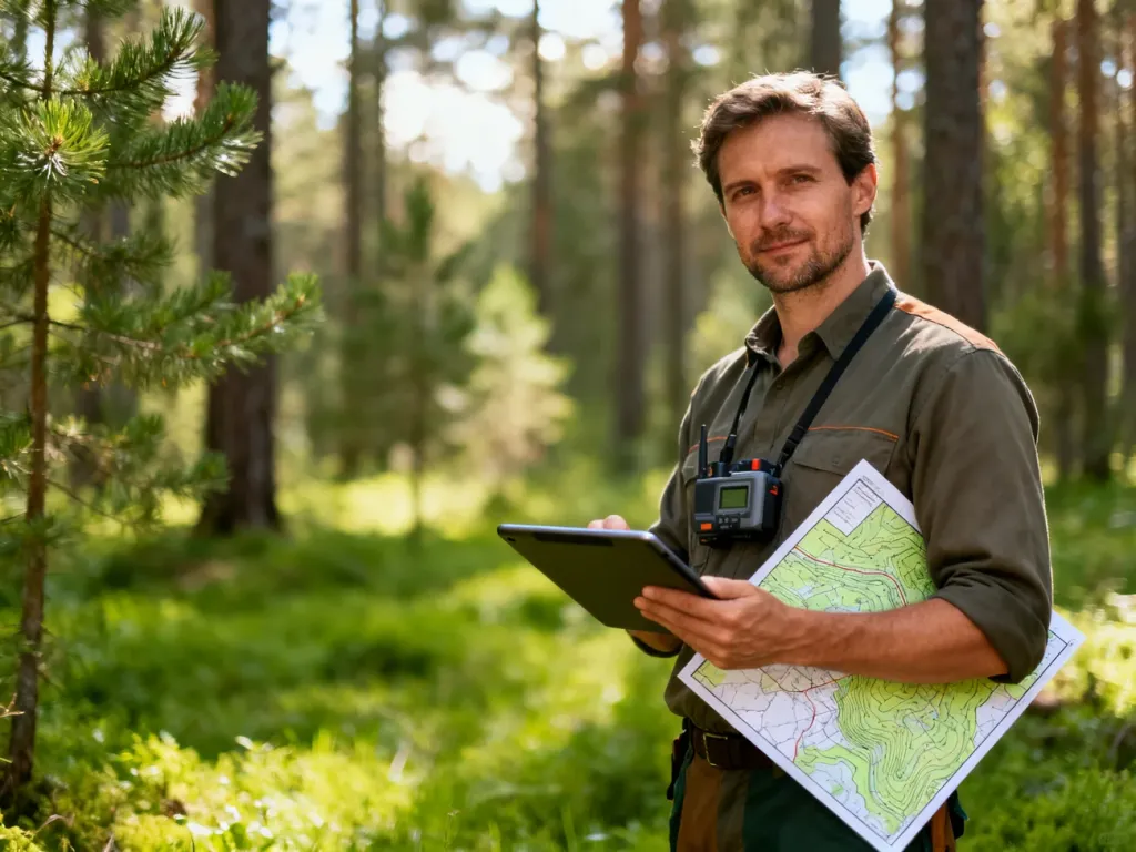 Leśnik z tabletem i mapą topograficzną w lesie, symbolizujący nowoczesną gospodarkę leśną i prace geodezyjne.